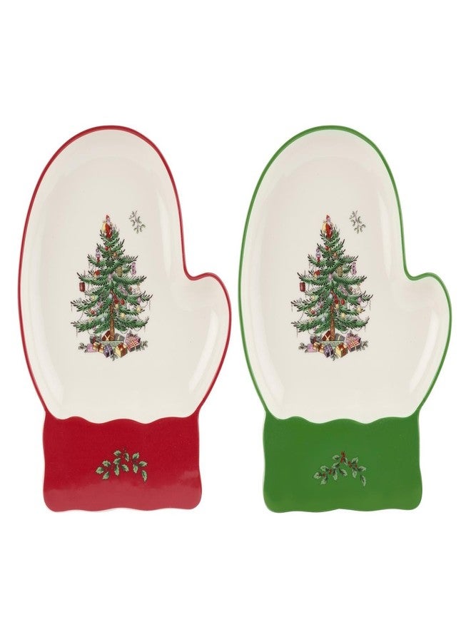 Spode Christmas Tree Mitten Dishes (Set of 2) - Red & Green Serving Platters for Cookies, Desserts, Appetizers, 7" Fine Earthenware Plates, Dishwasher Safe Holiday Tableware for Seasonal Gatherings