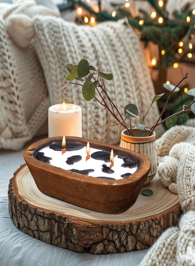 Siifert Wooden Dough Bowl Candle 3 Essential 20 Ounce Natural Soy Oil Wick Candle Wax Melts Rustic Farmhouse Decor Gifts for Women and Men(Cow Print) - Image 4