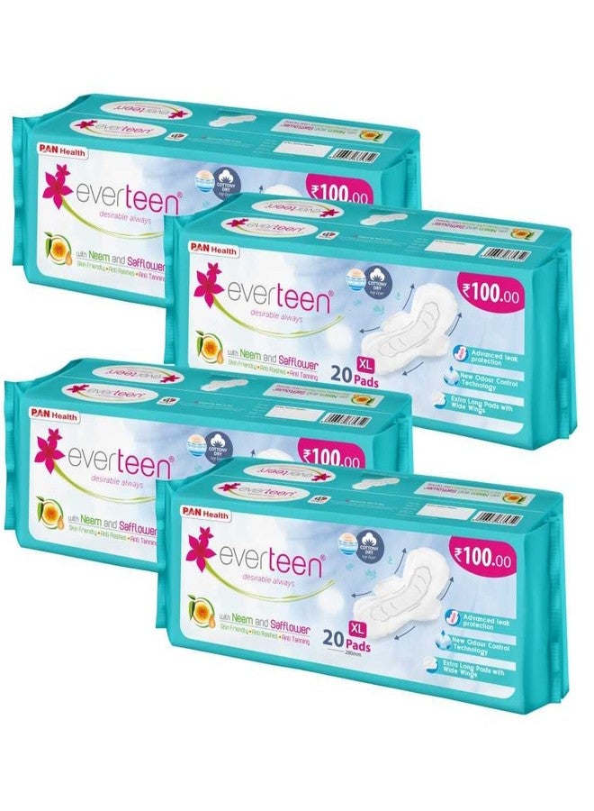 everteen XL Dry 80 Sanitary Pads for Women, 280mm Sanitary Napkin Infused with Neem-Safflower Rash Free, Skin Friendly, Advanced Leak Protection, X Large - 4 Packs (20 Pads Each) - Image 1