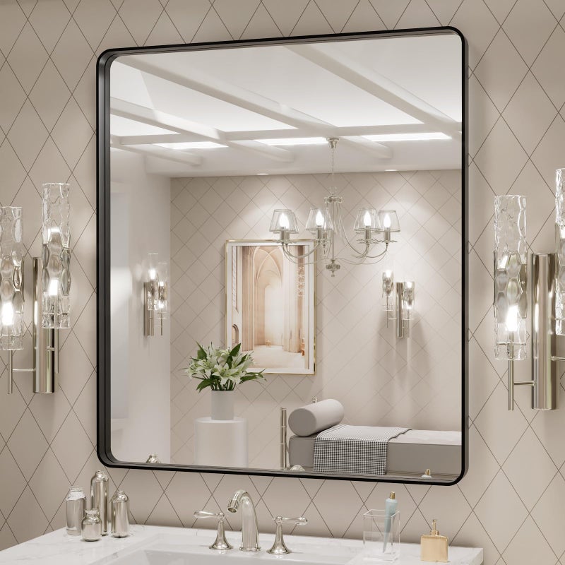 LOAAO 32x36 Inch Black Metal Framed Bathroom Mirror for Wall, Matte Black Bathroom Vanity Mirror Farmhouse, Large Rounded Rectangle Mirror, Anti-Rust, Tempered Glass, Hangs Horizontally or Vertically - Image 3