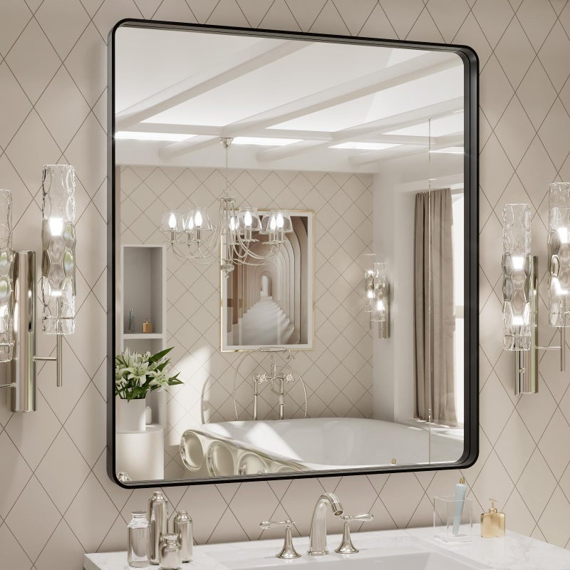 LOAAO 32x36 Inch Black Metal Framed Bathroom Mirror for Wall, Matte Black Bathroom Vanity Mirror Farmhouse, Large Rounded Rectangle Mirror, Anti-Rust, Tempered Glass, Hangs Horizontally or Vertically - Image 1