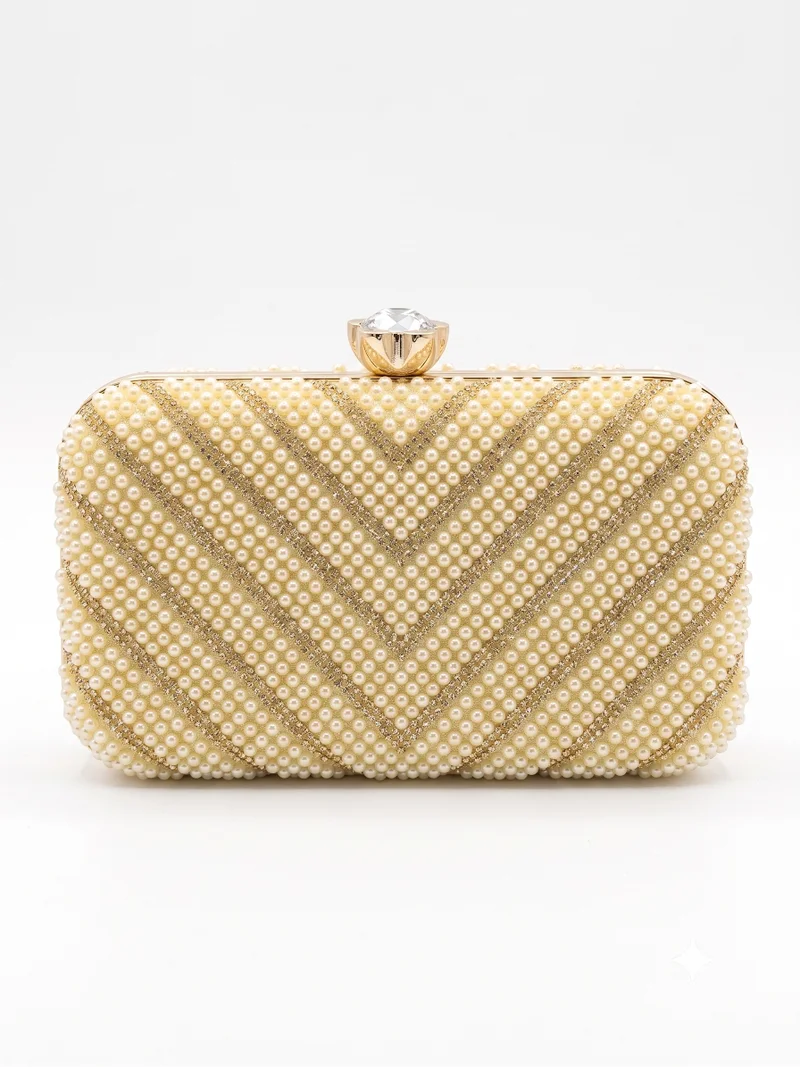 Viny gold Viny Women's Pearl & Crystal Clutch – Chevron Embellished with Diamond Clasp & Dual Detachable Handles for Women | Best Price UAE