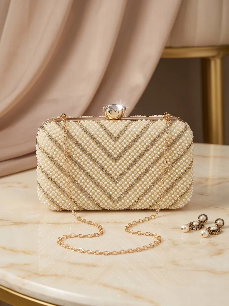 Viny gold Viny Women's Pearl & Crystal Clutch – Chevron Embellished with Diamond Clasp & Dual Detachable Handles for Women | Best Price UAE