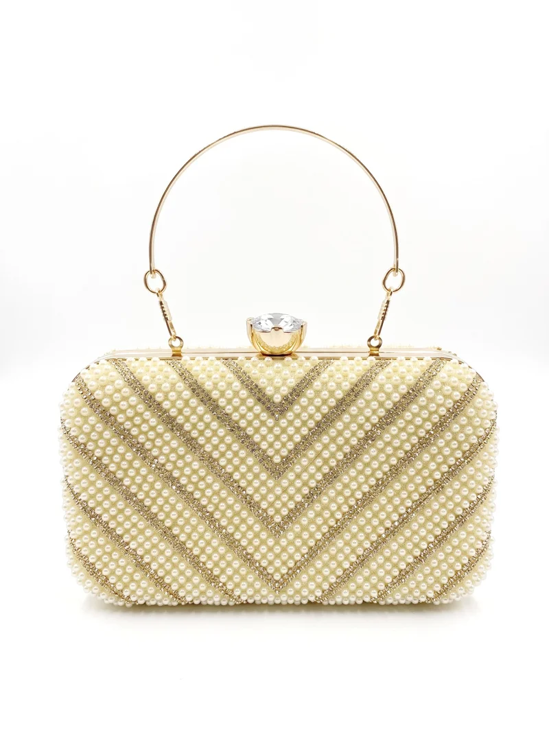 Viny Women's Pearl & Crystal Clutch – Chevron Embellished with Diamond Clasp & Dual Detachable Handles