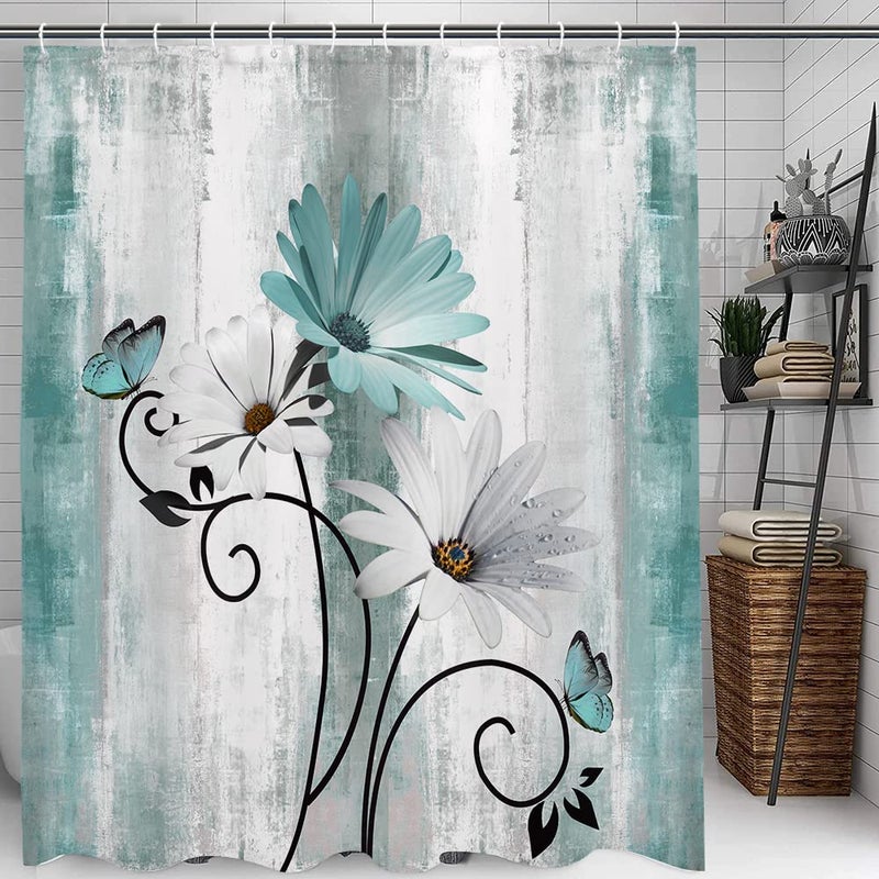 VeiVian Rustic Farmhouse Shower Curtain, Farm Teal Daisy Floral Flowers and Butterfly on Country Wooden Shower Curtain for Bathroom, Turquoise Blue with 12PCS Hooks, 70X70IN - Image 4