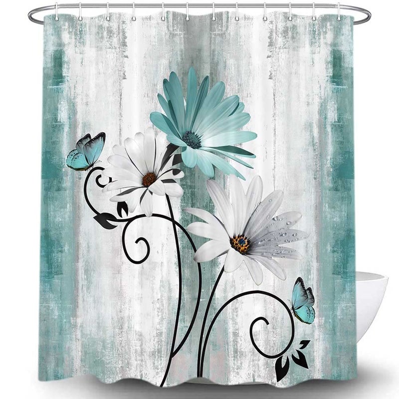 VeiVian Rustic Farmhouse Shower Curtain, Farm Teal Daisy Floral Flowers and Butterfly on Country Wooden Shower Curtain for Bathroom, Turquoise Blue with 12PCS Hooks, 70X70IN - Image 2