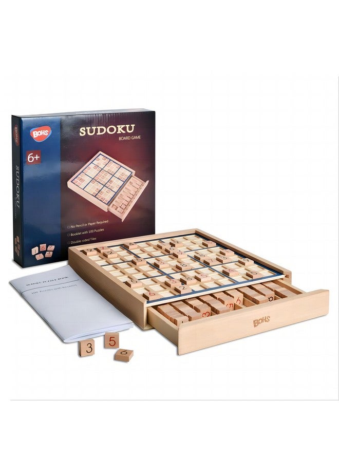 BOHS Wooden Sudoku Board Game With Drawer - With Book Of 100 Sudoku Puzzles For Adults - Brain Teaser Desktop Toys - Image 1