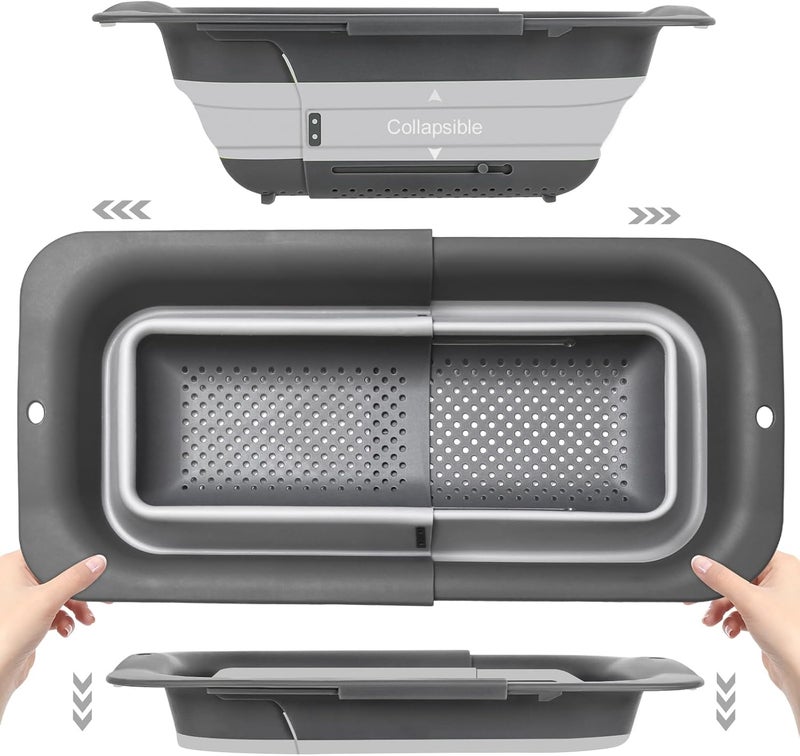 Rottogoon Collapsible Colander Strainer, Expandable Over the Sink Colander for Kitchen, Adjustable Silicone Sink Strainer, Foldable Large Colanders Basket to Wash Vegetable, Fruit, 15" to 19.8", Gray - Image 1