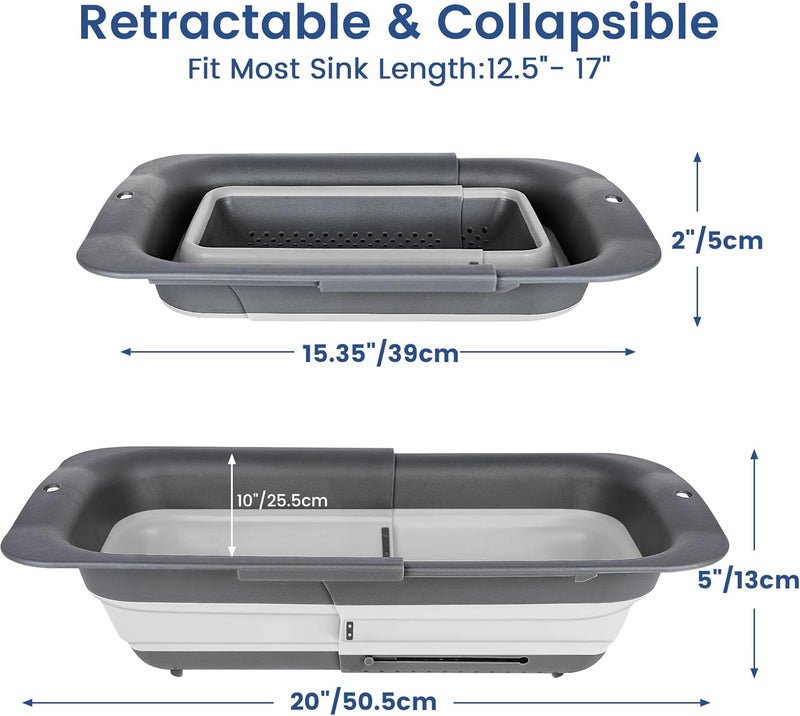 Rottogoon Collapsible Colander Strainer, Expandable Over the Sink Colander for Kitchen, Adjustable Silicone Sink Strainer, Foldable Large Colanders Basket to Wash Vegetable, Fruit, 15" to 19.8", Gray - Image 2