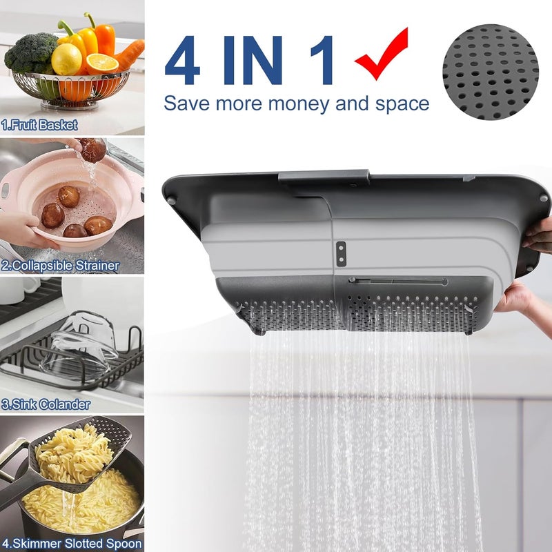 Rottogoon Collapsible Colander Strainer, Expandable Over the Sink Colander for Kitchen, Adjustable Silicone Sink Strainer, Foldable Large Colanders Basket to Wash Vegetable, Fruit, 15" to 19.8", Gray - Image 3