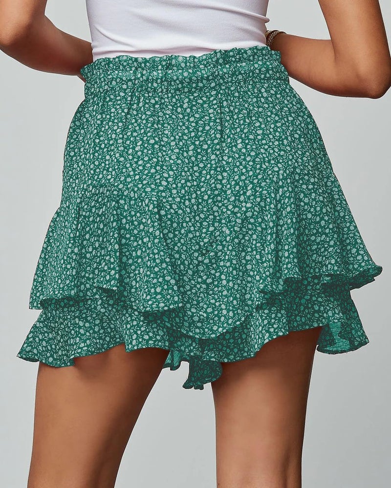 Aoudery Flowy Shorts for Women Casual Boho Floral Skorts Ruffle Mini Skirts Running Tennis Butterfly Chiffon Shorts- Floral Green M - Image 2
