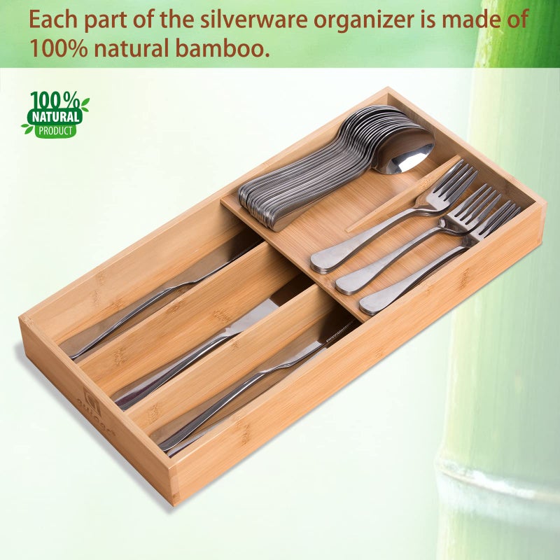 guiogc Bamboo Silverware Organizer, Kitchen Silverware Drawer Organizer, Utensil Tray Holder, Cutlery Tray for Spoons, Forks, Knives - Image 4