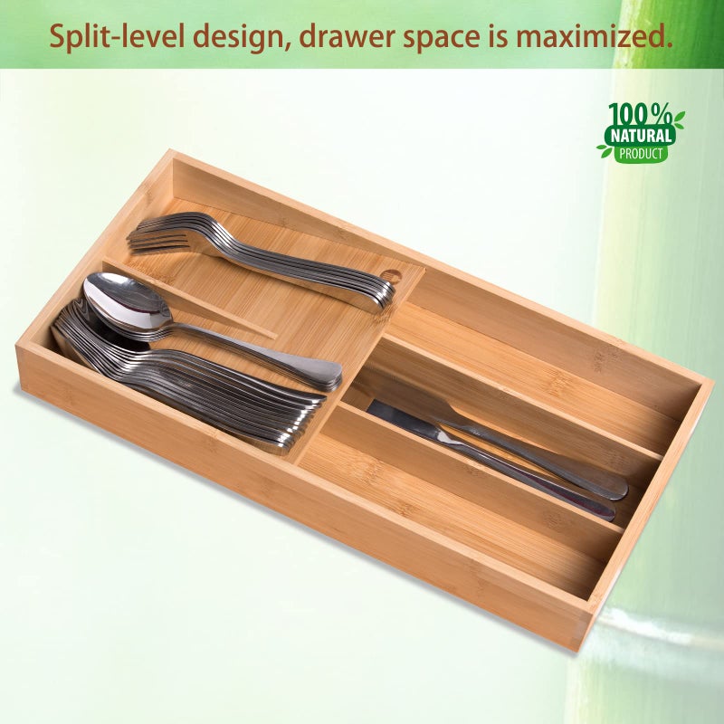 guiogc Bamboo Silverware Organizer, Kitchen Silverware Drawer Organizer, Utensil Tray Holder, Cutlery Tray for Spoons, Forks, Knives - Image 3