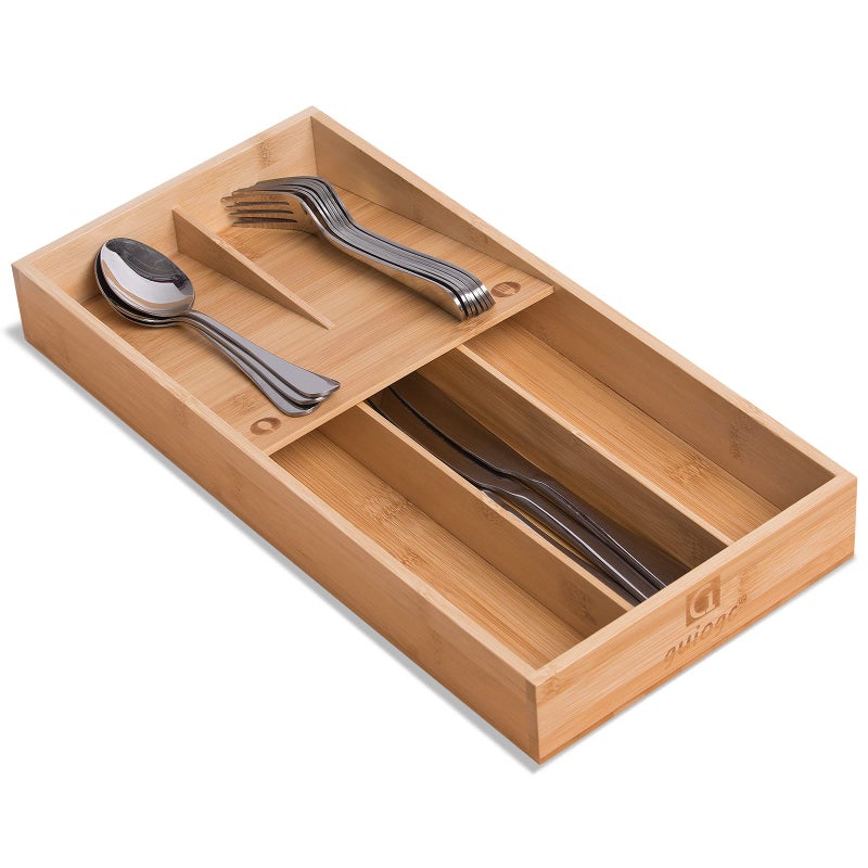 guiogc Bamboo Silverware Organizer, Kitchen Silverware Drawer Organizer, Utensil Tray Holder, Cutlery Tray for Spoons, Forks, Knives - Image 1