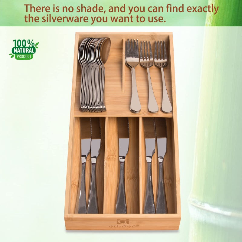 guiogc Bamboo Silverware Organizer, Kitchen Silverware Drawer Organizer, Utensil Tray Holder, Cutlery Tray for Spoons, Forks, Knives - Image 5