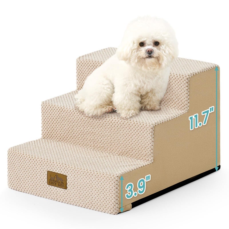 COZY KISS Dog Stairs for Small Dogs 11.7" H, 3-Step Gentle Incline Pet Step for Couch Chiars, Right-Angle Dog Ramp for Puppy Doggie Senior Cats, 15.7x17.7x11.7 Inch, Beige - Image 1