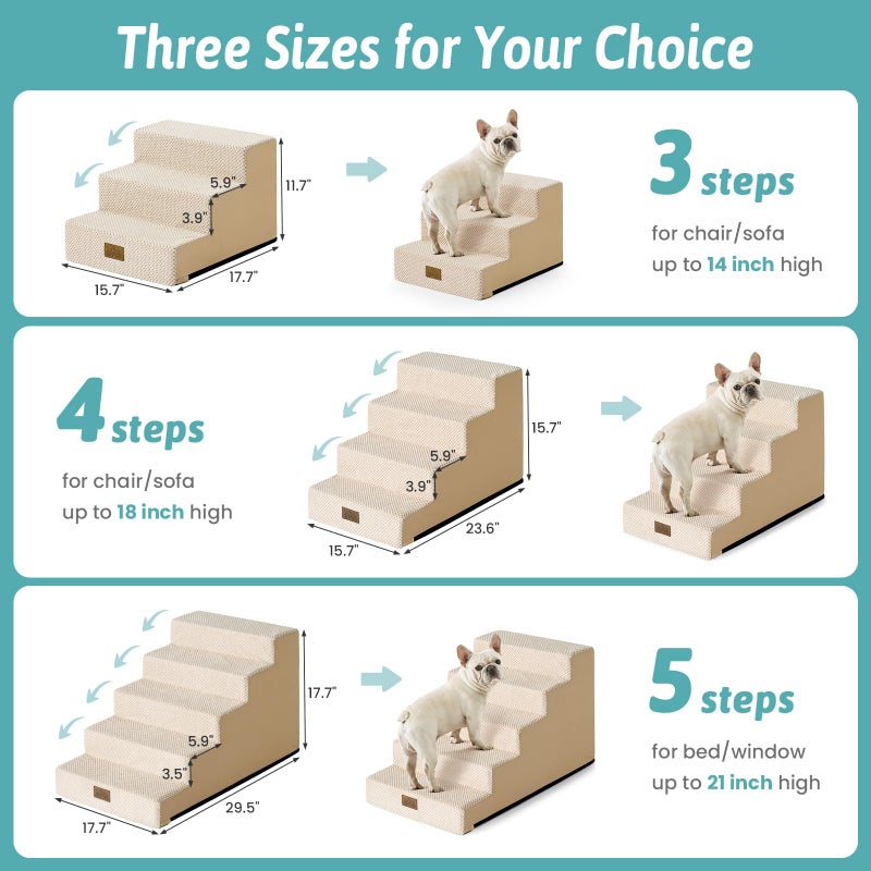 COZY KISS Dog Stairs for Small Dogs 11.7" H, 3-Step Gentle Incline Pet Step for Couch Chiars, Right-Angle Dog Ramp for Puppy Doggie Senior Cats, 15.7x17.7x11.7 Inch, Beige - Image 2