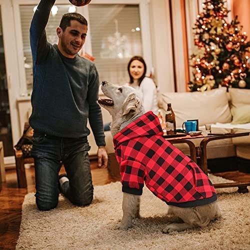 KUTKUT Dog Hoodie British Style Plaid Pet Sweaters with Hat Fleece Cold Weather Dog Hoodies with Pocket Windproof Pullover Pet Winter Sweatshirts for Large Dogs (Size: XL),Black Red,1 count - Image 5