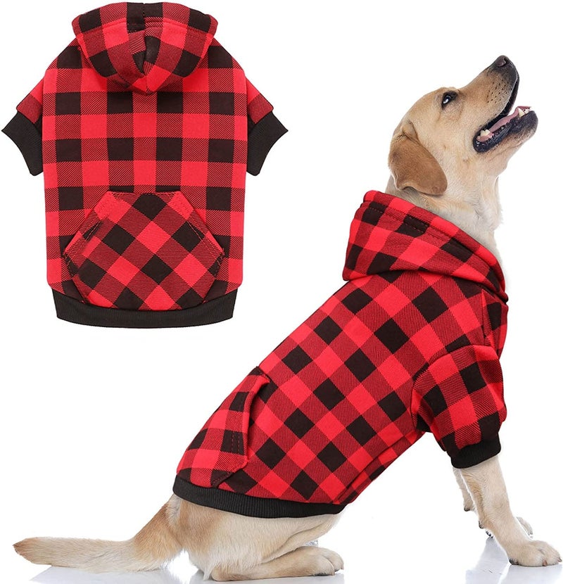 KUTKUT Dog Hoodie British Style Plaid Pet Sweaters with Hat Fleece Cold Weather Dog Hoodies with Pocket Windproof Pullover Pet Winter Sweatshirts for Large Dogs (Size: XL),Black Red,1 count - Image 1