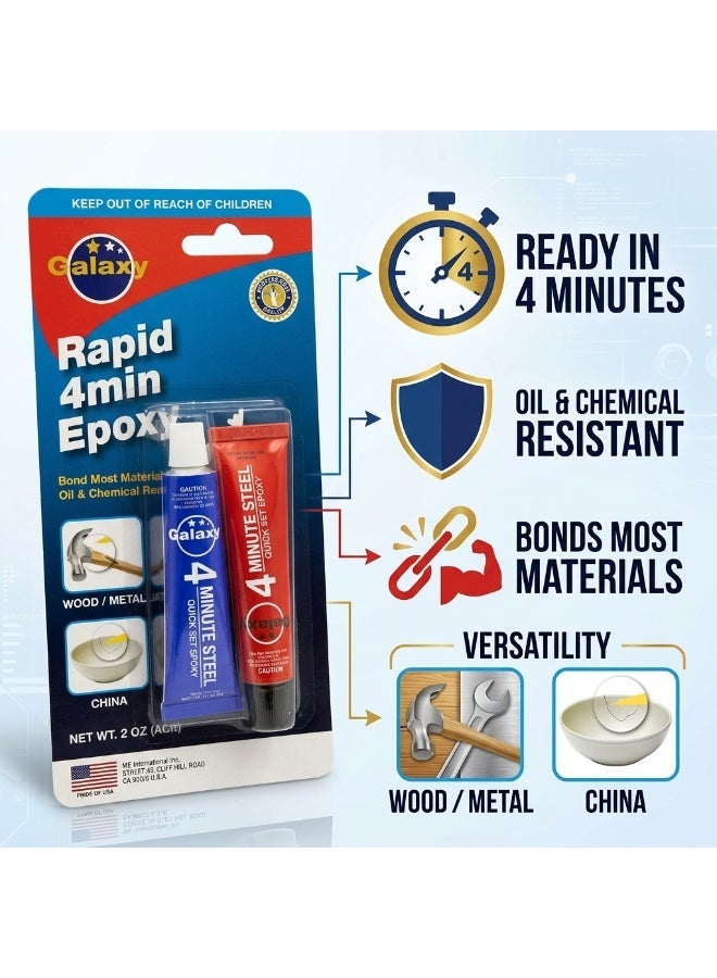 Galaxy Rapid 4 Minute Epoxy Adhesive 2.25 OZ - Professional Quick Set Steel Epoxy Glue for Wood, Metal, China, Ceramic - Oil & Chemical Resistant - Bonds Most Materials - Heavy Duty 2-Part Epoxy Resin - Image 4