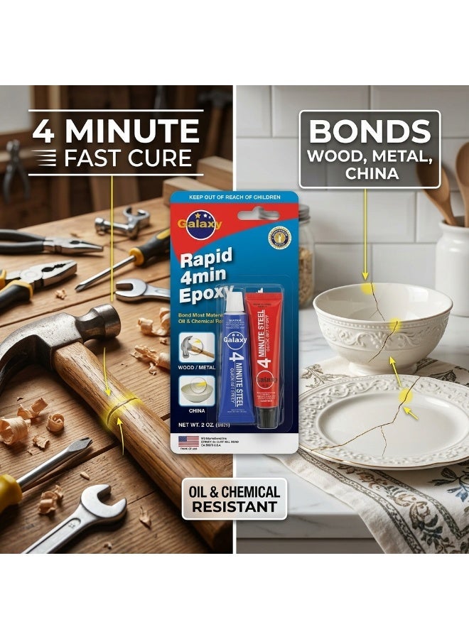 Galaxy Rapid 4 Minute Epoxy Adhesive 2.25 OZ - Professional Quick Set Steel Epoxy Glue for Wood, Metal, China, Ceramic - Oil & Chemical Resistant - Bonds Most Materials - Heavy Duty 2-Part Epoxy Resin - Image 2