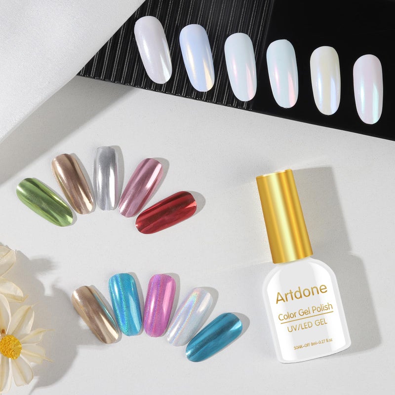 Artdone 16Jars Chrome Nail Powder Magic White Pearl Kit Mirror Effect Silver Metallic Holographic Dip Nail Powder for Resin Craft & Nail Art Fimo, Decoration Iridescent Aurora Mermaid Pigment - Image 2