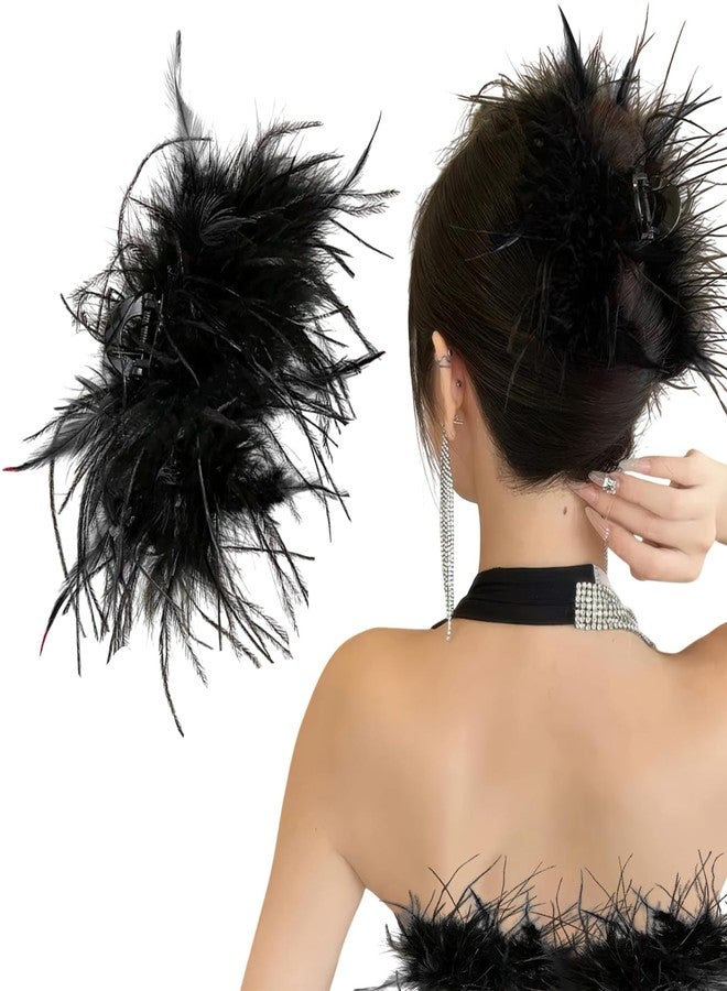BASEMMAHER Feather Hair Clip Ostrich Fluffy Hair Claw Clips Hair Accessories Ponytail Shark Clip for Women Daily Dress Up Halloween Carnival Party Birthday Hairpin Headwear (Black) - Image 1