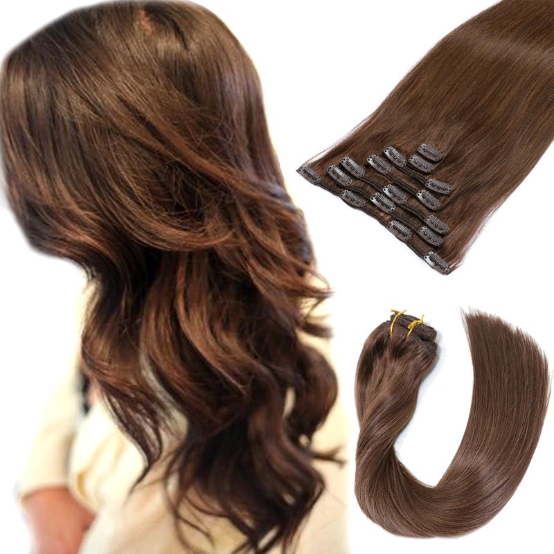 Clip in Hair Extensions Real Human Hair Extensions Chocolate Brown Clip on 7 Pieces Weft Remy Hair Extensions Clip ins 70g 15 Inch for Women