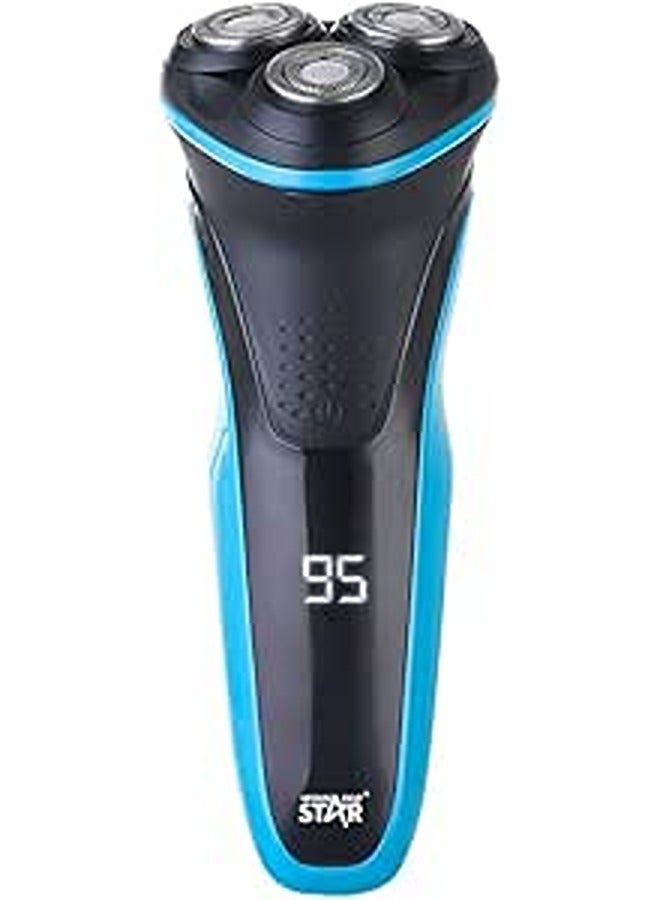 WINNING STAR Rechargeable Electric Shaver | 3-Blade Floating Rotary Razor 14500 Lithium Battery | Pop-Up Trimmer | LCD Digital Display | Waterproof | USB Fasting Charge | Travel Lock | Black*Blue