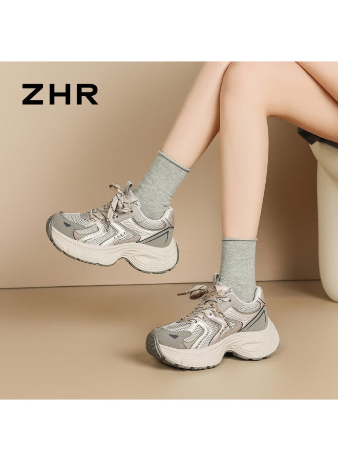 Zhr Spring Autumn Retro Dad Sneakers Women Thick Sole Casual Lightweight Durable Sports Shoes If93 Gray Size 38 - Image 3