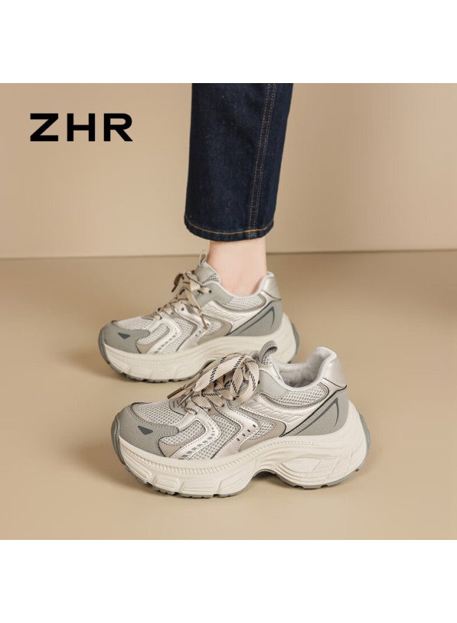 Zhr Spring Autumn Retro Dad Sneakers Women Thick Sole Casual Lightweight Durable Sports Shoes If93 Gray Size 38 - Image 1