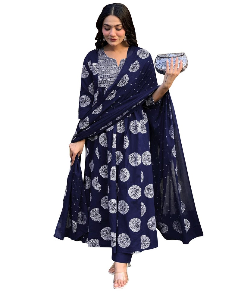 Toochki Kurti Set for Women | Anarkali Fit & Flared Kurtas for Women's | Cotton Kurtis for Woman | Kurta with Palazzo & Dupatta | Ethnic Salwar Suits Sets Navy Blue - Image 1