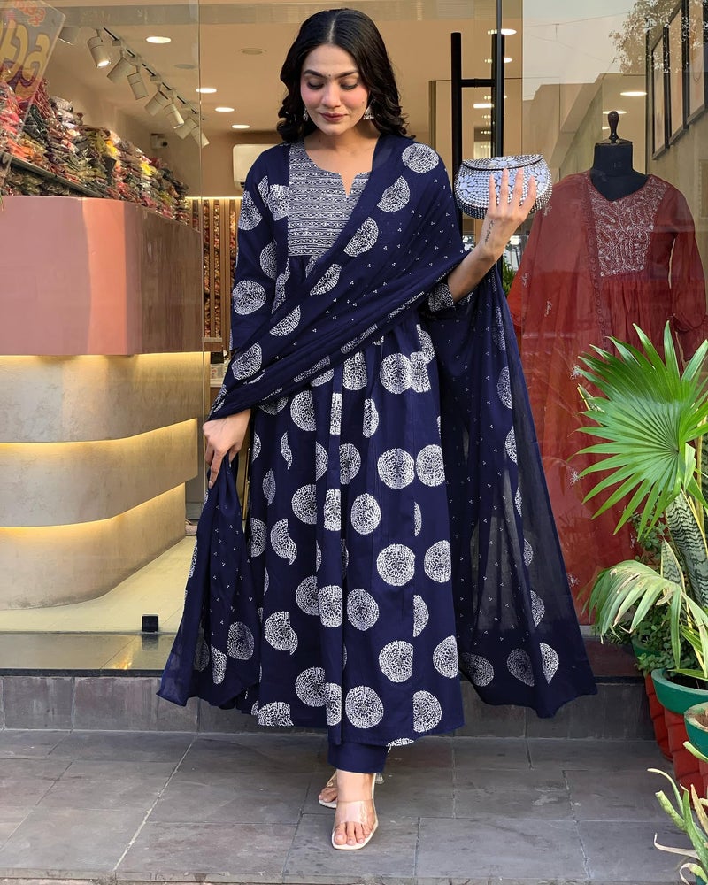 Toochki Kurti Set for Women | Anarkali Fit & Flared Kurtas for Women's | Cotton Kurtis for Woman | Kurta with Palazzo & Dupatta | Ethnic Salwar Suits Sets Navy Blue - Image 2