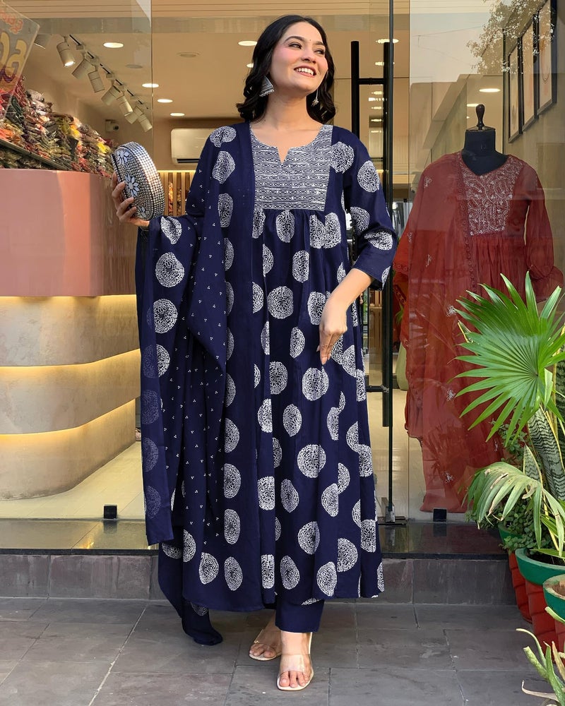 Toochki Kurti Set for Women | Anarkali Fit & Flared Kurtas for Women's | Cotton Kurtis for Woman | Kurta with Palazzo & Dupatta | Ethnic Salwar Suits Sets Navy Blue - Image 5