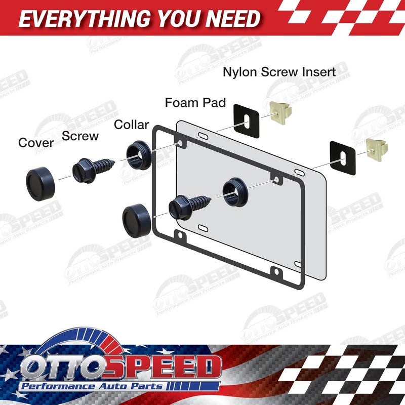 OttoSpeed Black License Plate Screws Fastener Kit - Rust-Proof Stainless Steel Screws, Nylon Screw Inserts, Black Screw Covers, Anti-Rattle Foam Pads - Image 2