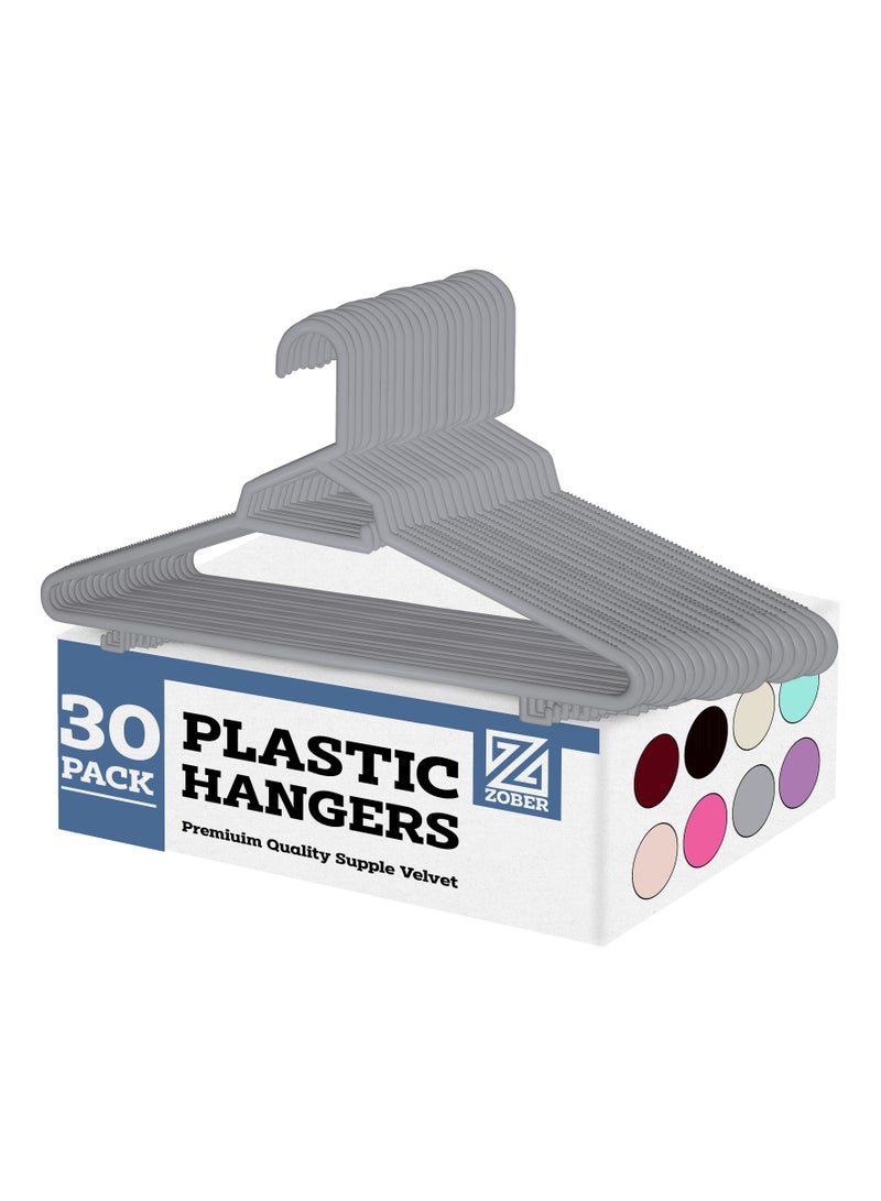 ZOBER Heavy Plastic Hangers with Strap Hooks, Non slip, Durable & Slim, Light-Weight Clothes Hangers For Coats, Jackets & Pants, Shirts, Dresses Hangs upto 10lbs (GREY, 30 PACK)  - Image 1