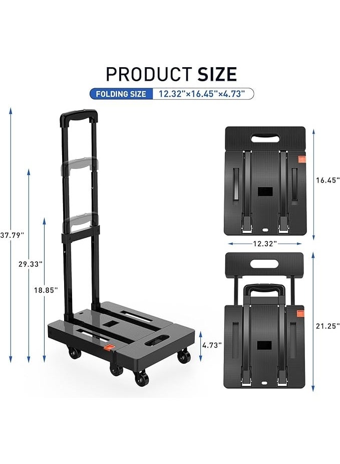 DUNISO Folding Hand Truck, Large Capacity Heavy Duty Luggage Cart, Multi-purpose Trolley Platform Cart, 6 Wheels and 2 Bungee Cords for Luggage Handling, Traveling, Moving, Shopping and Office Purposes (Black) - Image 2