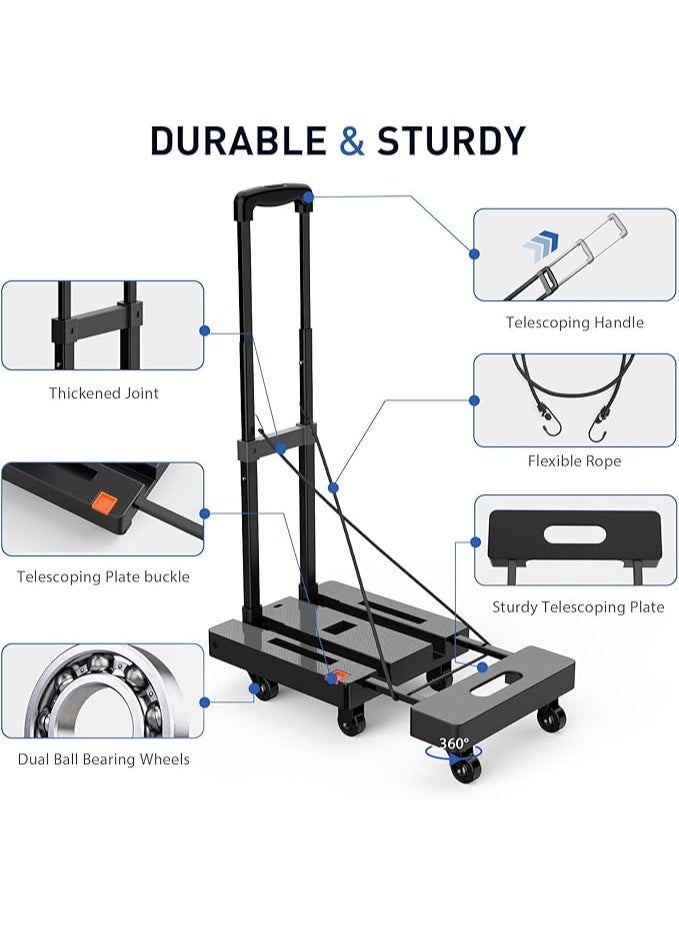 DUNISO Folding Hand Truck, Large Capacity Heavy Duty Luggage Cart, Multi-purpose Trolley Platform Cart, 6 Wheels and 2 Bungee Cords for Luggage Handling, Traveling, Moving, Shopping and Office Purposes (Black) - Image 3