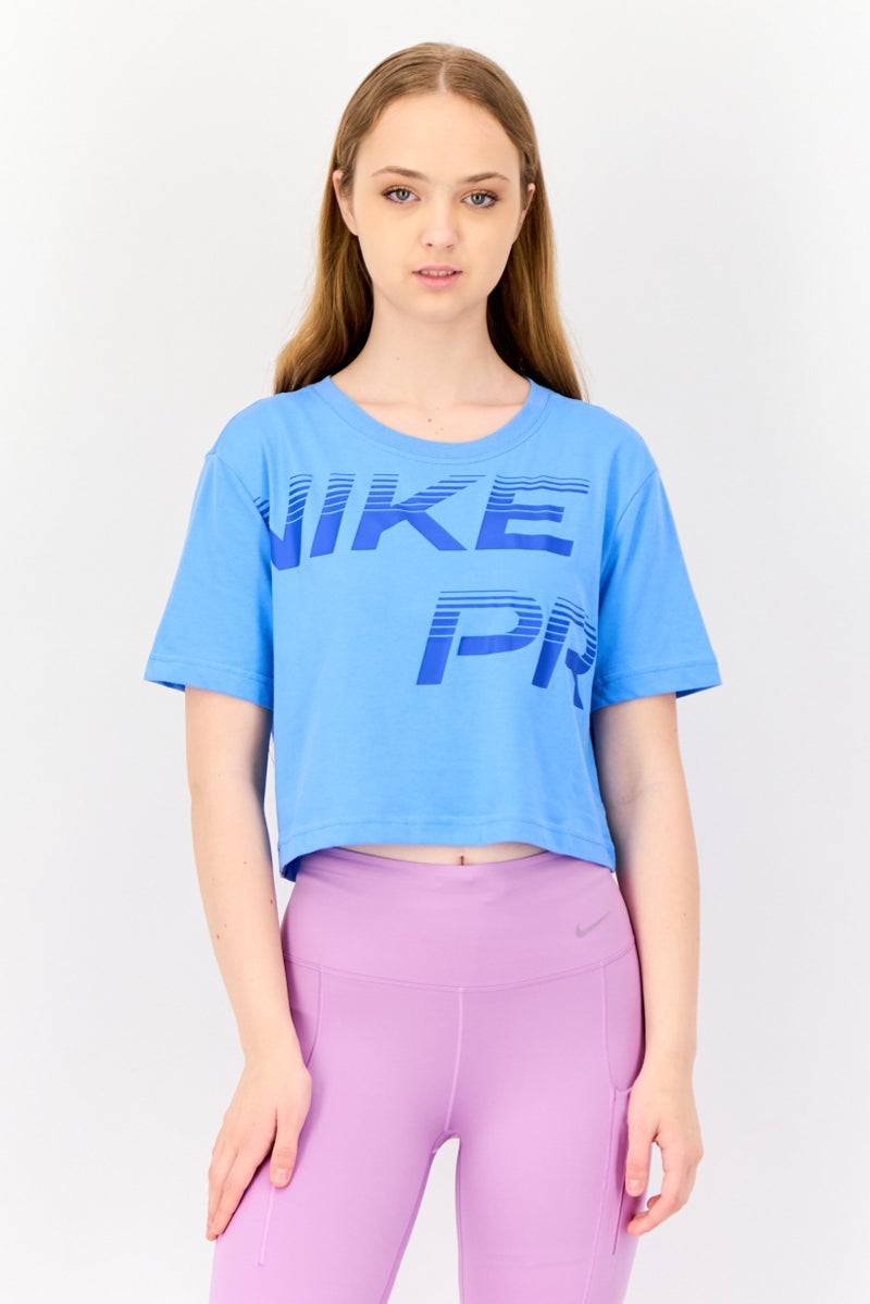 Nike Women Loose Fit Brand Logo Short Sleeves Training Crop Top, Blue - Image 1