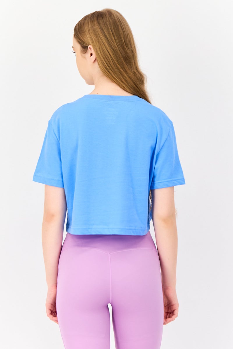 Nike Women Loose Fit Brand Logo Short Sleeves Training Crop Top, Blue - Image 3