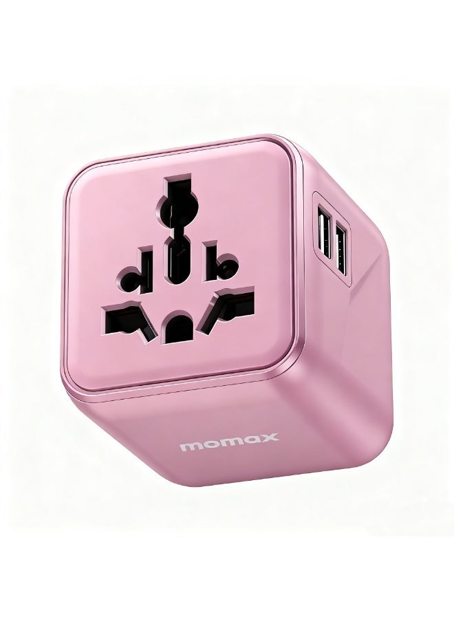 MOMAX Mini Universal Travel Adapter Worldwide, 2 AC,pink, All European Travel Plug Adapter UK, Travel Essentials for US to Europe Adaptor, All-in-One Wall Charger for AUS JP (No USB Port) - Image 1