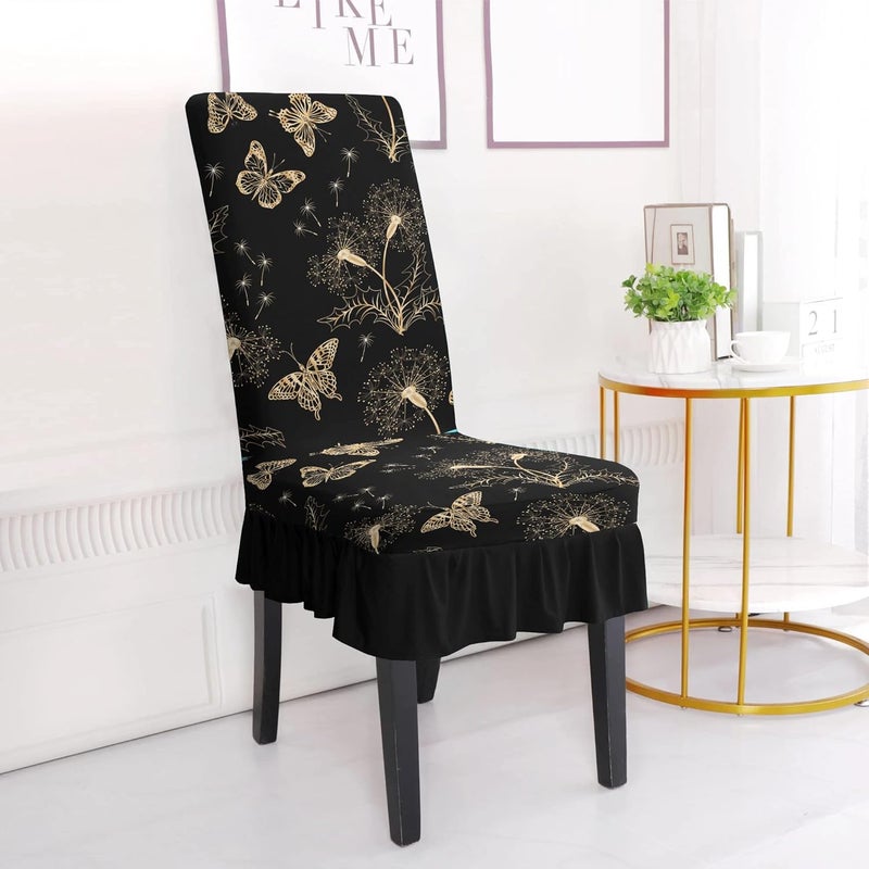 BRIDA BRIDA Stretchable Floral Geometric Printed Dining Chair Covers Frill Skirt Elastic Chair Seat Case Protector Slipcovers 6 Chair Cover Black ButterflyPolyesterPolyester Blend - Image 2