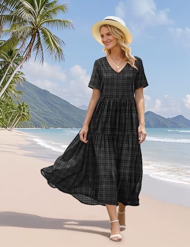 YESNO Women's Summer Maxi Dresses Casual Floral Short Sleeve V Neck Boho Beach Vacation Swing Dress with Pockets L EVF Solid Black - Image 5