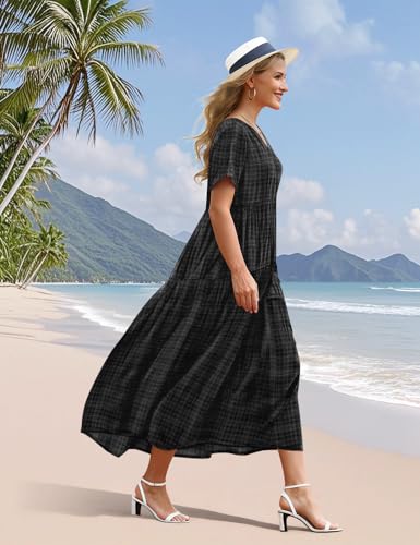 YESNO Women's Summer Maxi Dresses Casual Floral Short Sleeve V Neck Boho Beach Vacation Swing Dress with Pockets L EVF Solid Black - Image 3