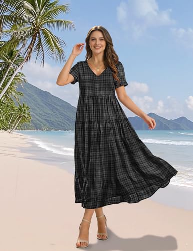YESNO Women's Summer Maxi Dresses Casual Floral Short Sleeve V Neck Boho Beach Vacation Swing Dress with Pockets L EVF Solid Black - Image 2