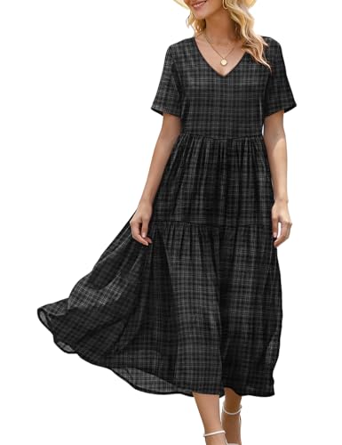 YESNO Women's Summer Maxi Dresses Casual Floral Short Sleeve V Neck Boho Beach Vacation Swing Dress with Pockets L EVF Solid Black - Image 1