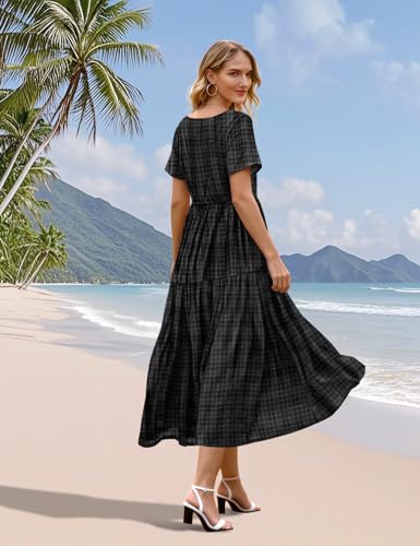 YESNO Women's Summer Maxi Dresses Casual Floral Short Sleeve V Neck Boho Beach Vacation Swing Dress with Pockets L EVF Solid Black - Image 4