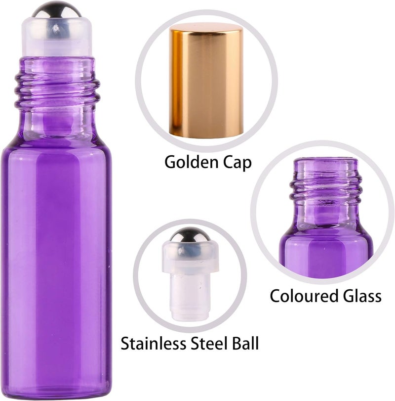 MAXMAU 24X Coloured Roller Bottles for Essential Oils Perfume 5ml Refillable Glass Bottle Metal Roll On Ball Golden Cap with Accessories Opener Funnel Droppers Included - Image 3