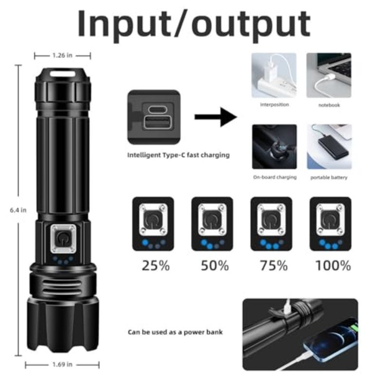 Tactical Handheld Torch for Outdoor Activities - IP67 Waterproof Zoomable Light - Portable High-Visibility Equipment for Desert Camping, Hiking and Emergency - 5 Lighting Modes, Durable Aluminum Body - Image 4