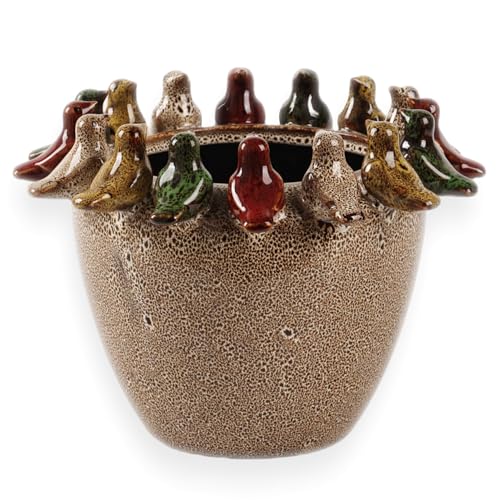 Tuioyoc 10.4 Inch Plant Pot, Ceramic Planter with Drainage Hole and Silicone Plug, Flower Pot with Ceramic Birds on Rim, Reactive Glaze, for Indoor Outdoor Plants Home Garden Patio Office - Image 1